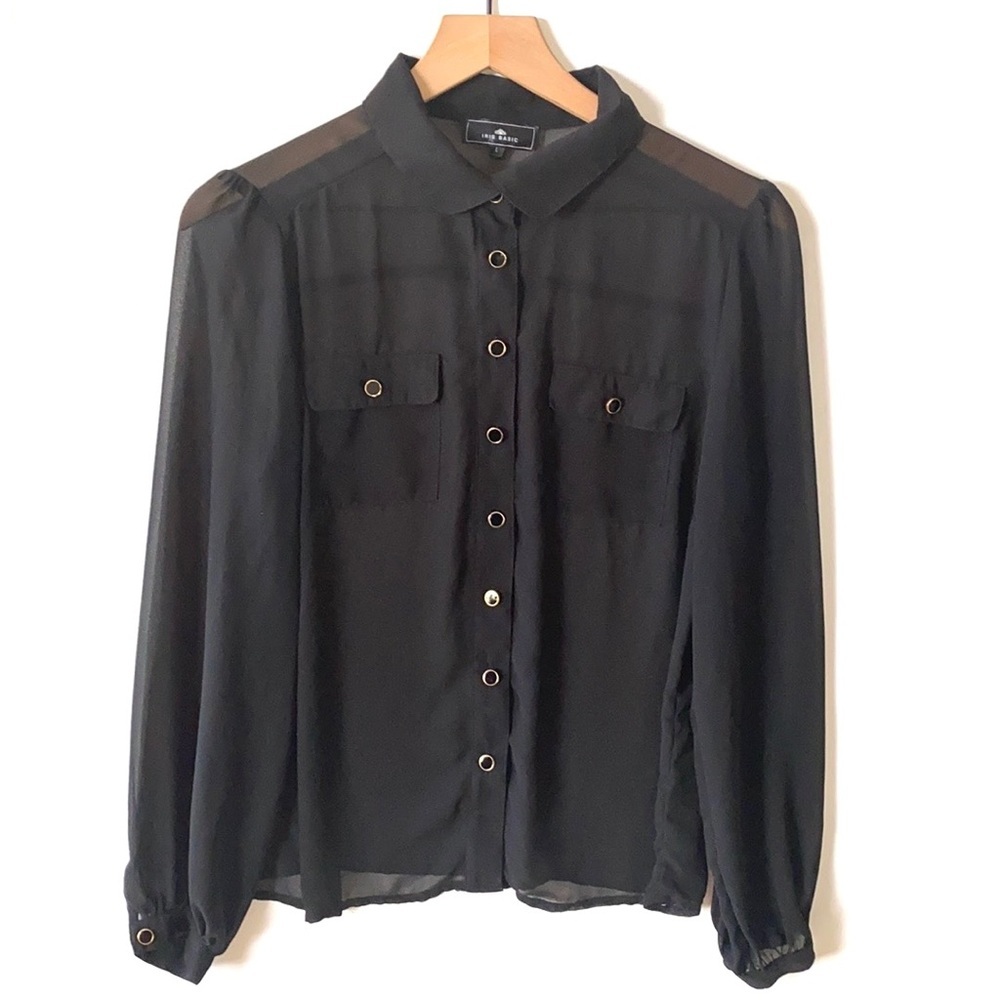 Iris Basic Black Sheer long sleeve top,‎ Size L